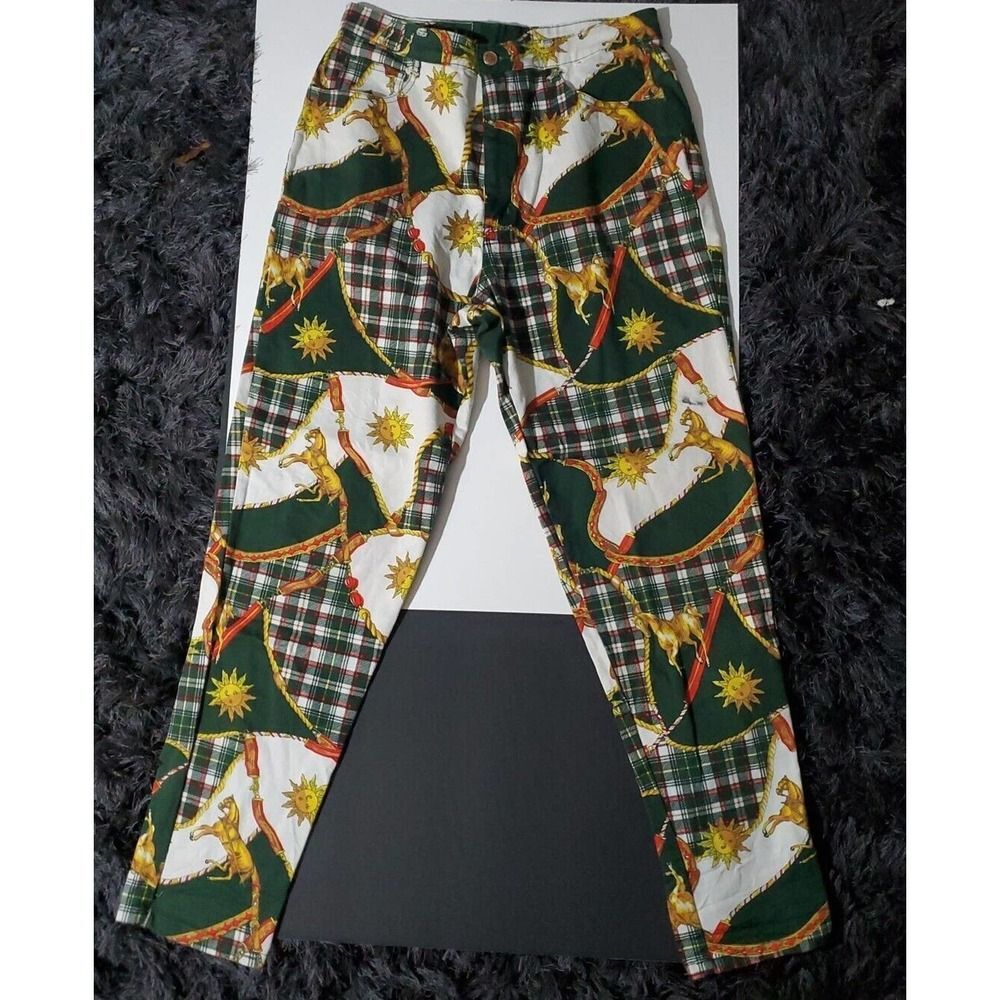 Aaron Wear XL Funky Stretch Horse Sun Green Plaid Print 5 Pocket Zipper Pants